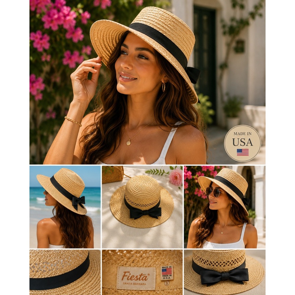 Fiesta Santa Barbara Straw Sun Hat Wide Brim Black Ribbon Bow Made in USA Small